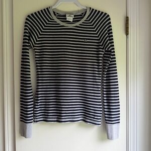 Lacoste Womens Navy Blue Striped Waffle Knit Thermal Long Sleeve Top Size 38